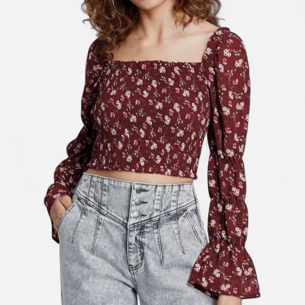 Wild Fable Blouse Cropped Smocked Long Puffy Sleeves Red Floral Boho Women's S